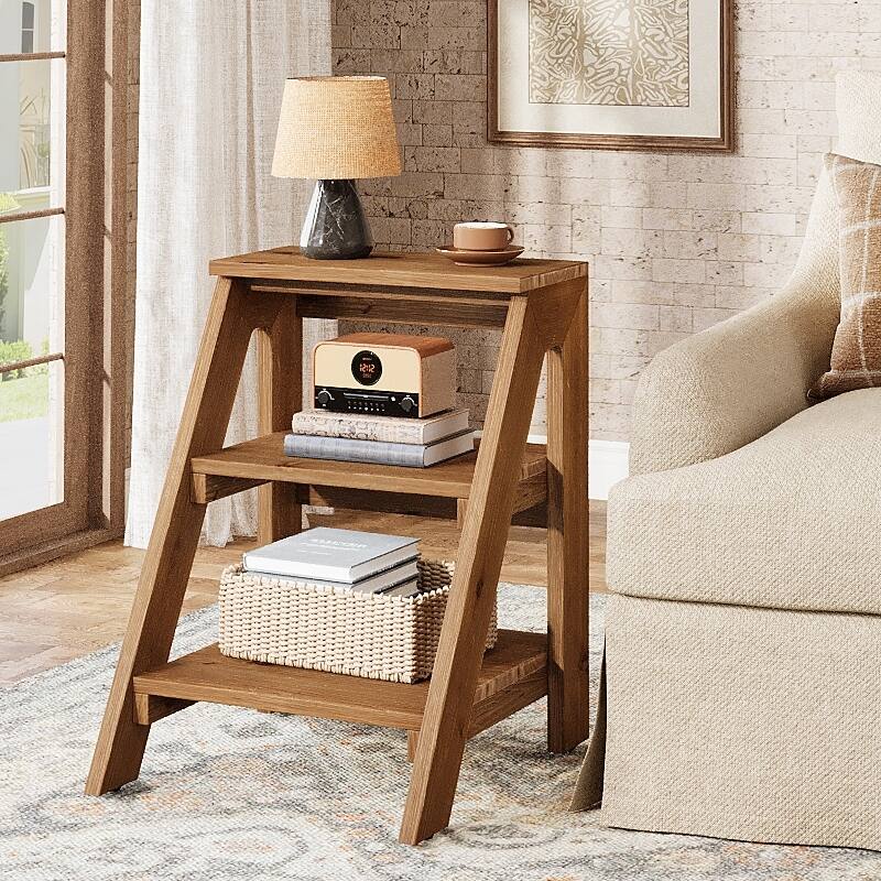 Solid Wood End Table with Storage Shelves, 3-Tier Ladder Shape Side Table