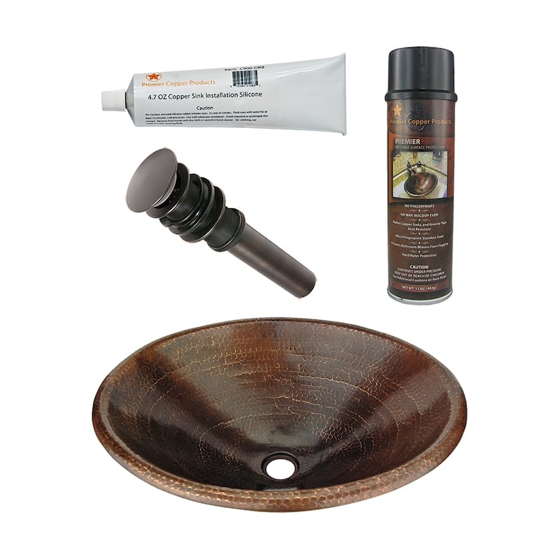 20" Master Bath Oval Self Rimming Hammered Copper Bathroom Sink, Matching Drain and Accessories