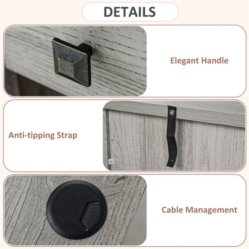 Grey Wood Office Computer Desk with Drawers Cable Management Home Workstation