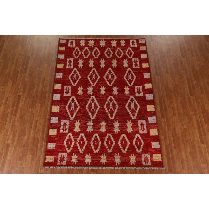 Hand Knotted Oriental 100% Wool Carpet Modern Tribal Red Moroccan Area Rug - 9' 8'' X 6' 10''