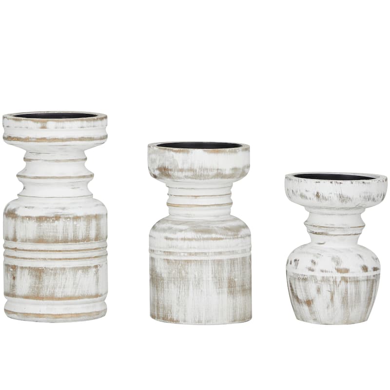 Brown Wood Pillar Candle Holder with White Wash Finish (Set of 3)