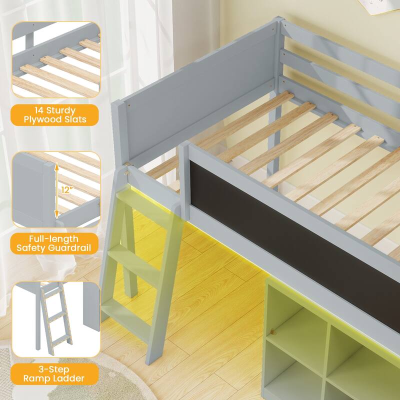 Gymax Kids Loft Bed w/LED Lights Chalkboard & Removable Bookcase