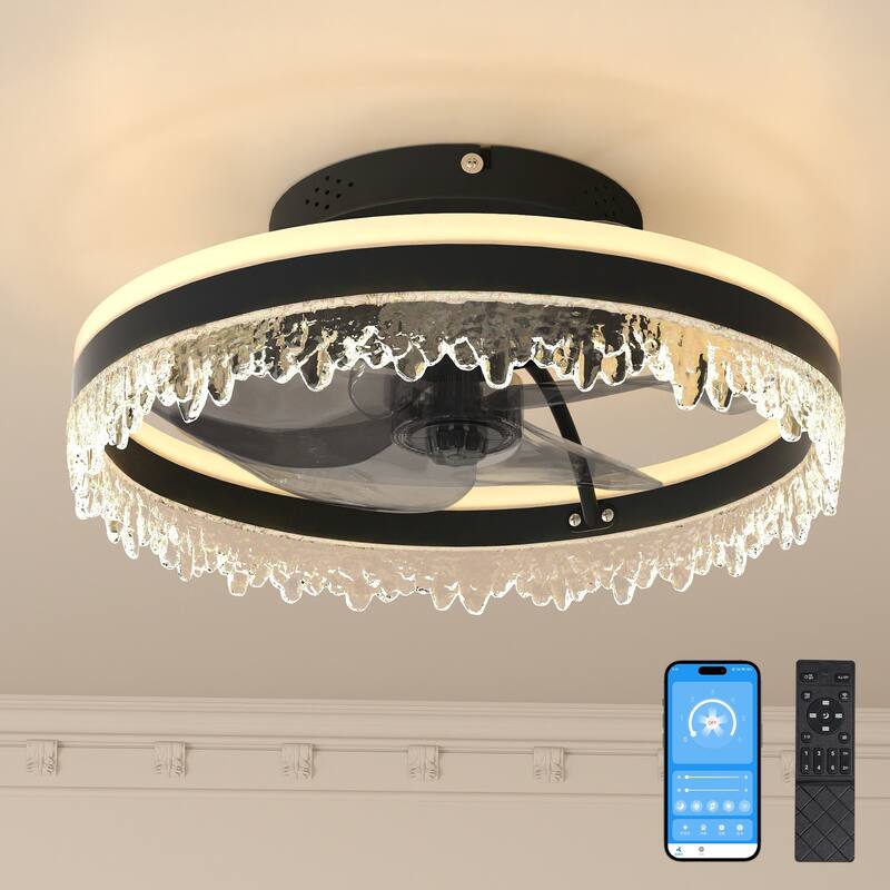 Modern LED Ceiling Fan with Light - 16" Dimmable Ceiling Light with Invisible Blades and Crystal Design, Remote Control - Black