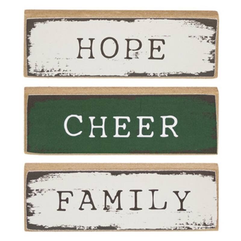 Rustic Holiday Mini Sign Family Cheer Hope Display - 3 Asstd. - 3" x 0.50" x 1" - White-Green