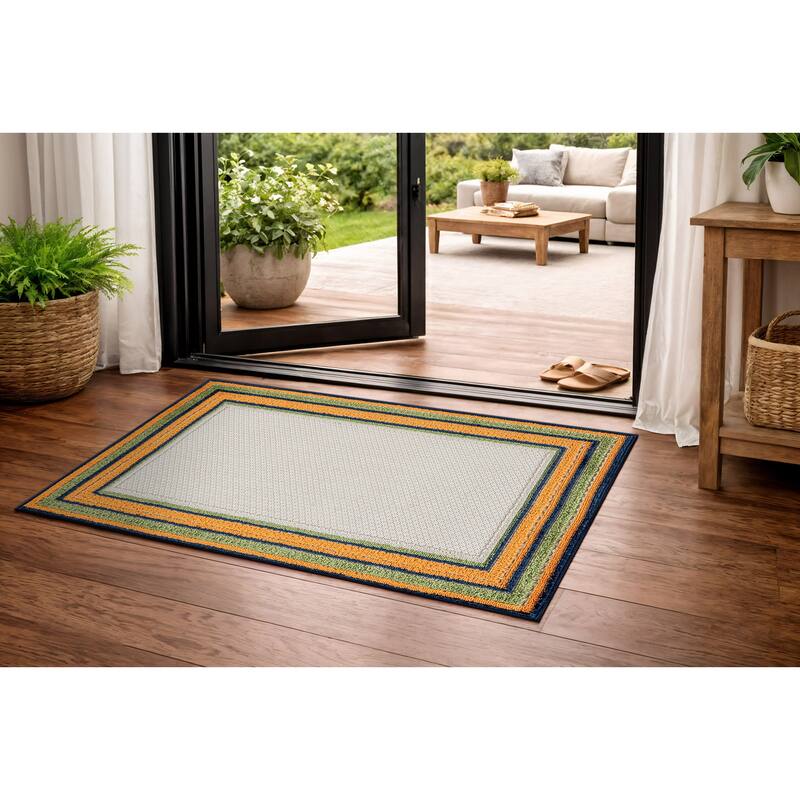World Rug Gallery Indoor/Outdoor High-Low Textured Area Rug, Coastal Border Easy-Clean Patio Rug - 2' x 3' - Multi