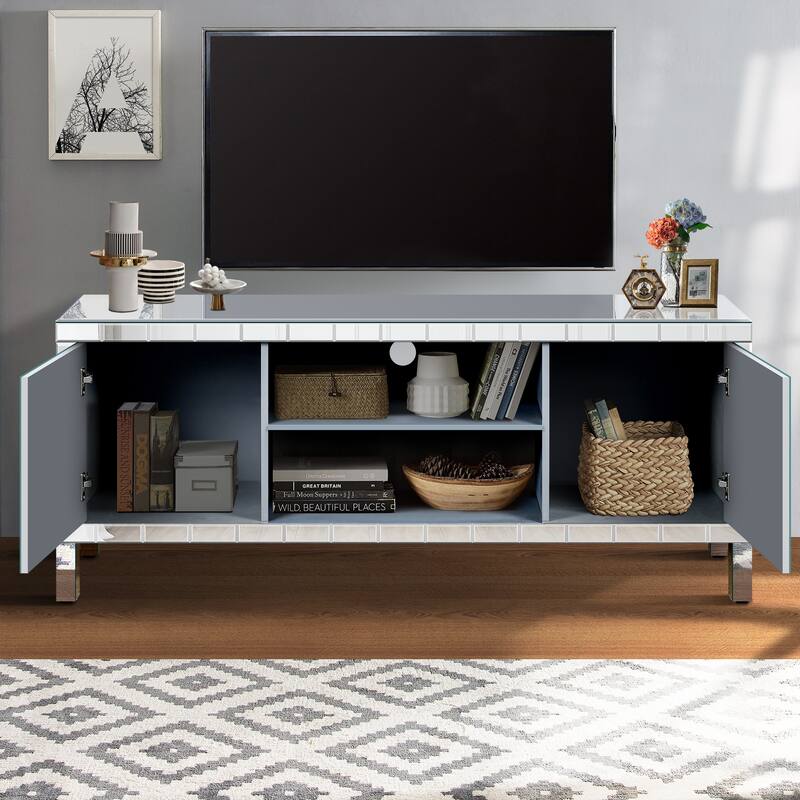 Roomfitters 59" Mirrored TV Stand for TVs up to 65", Silver Media Console with M-Shape Sparkle Doors & Open Storage