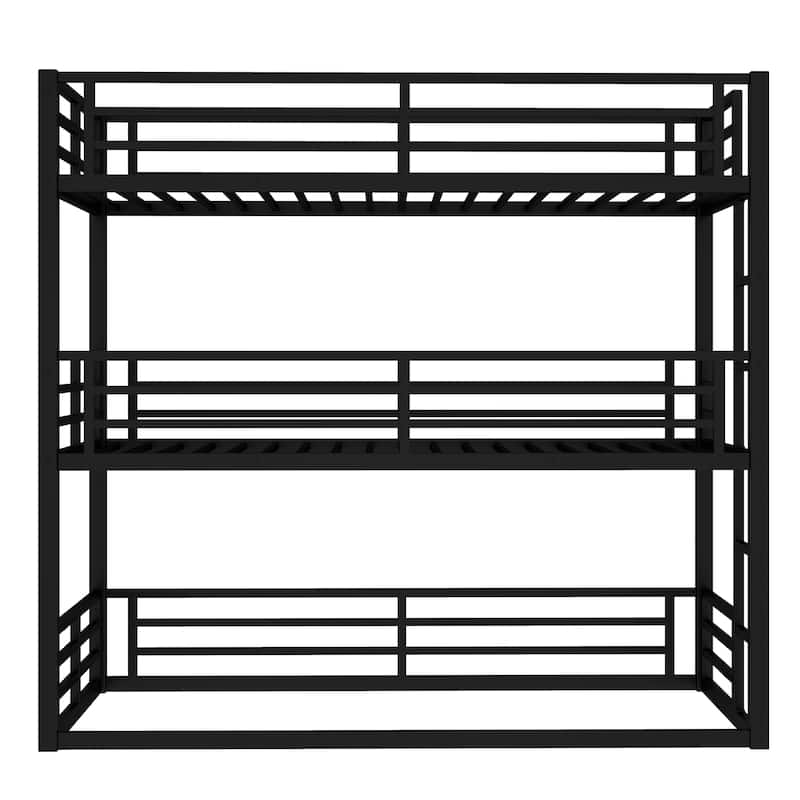 Roomfitters Twin/Full/ Queen Metal Triple Bunk Bed with Safety Guardrails, Heavy-Duty Noise-Reduced Frame, Black