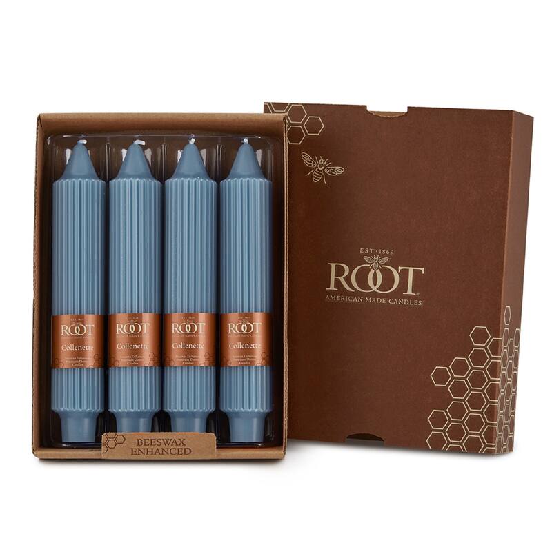 Root Unscented Grecian Collenette Taper Candles box of 4 - 7 X 1-1/4 - Williamsburg Blue