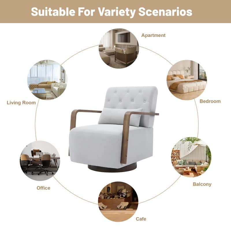 Solid Wood Swivel Accent Chair with Armrests and Lumbar Pillow - 360° Rotation