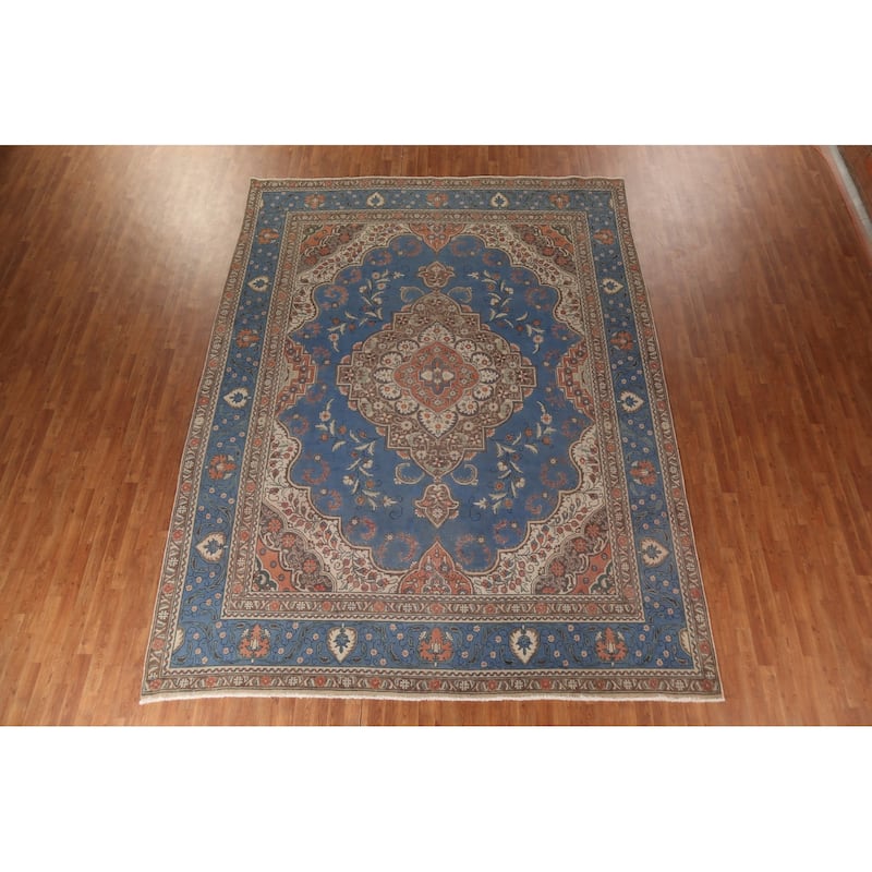 Blue Tabriz Persian Vintage Area Rug Handmade Wool Carpet - 9'10"x 13'0"