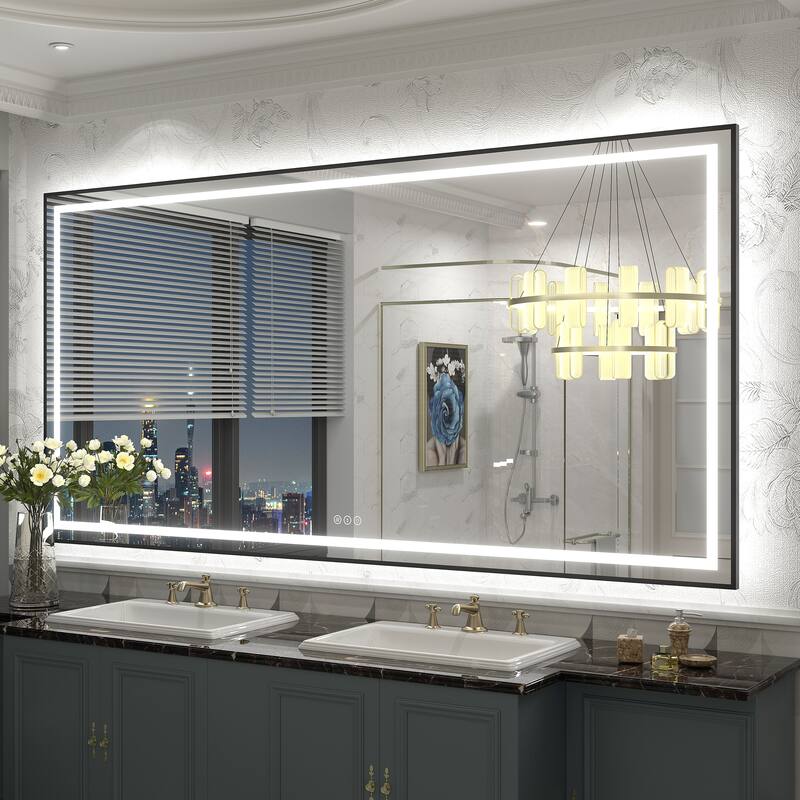 Black Metal Framed LED Front Light and Backlit Anti-Fog Wall Bathroom/ Vanity Mirror - 72" x 36"-Square Corner - Black