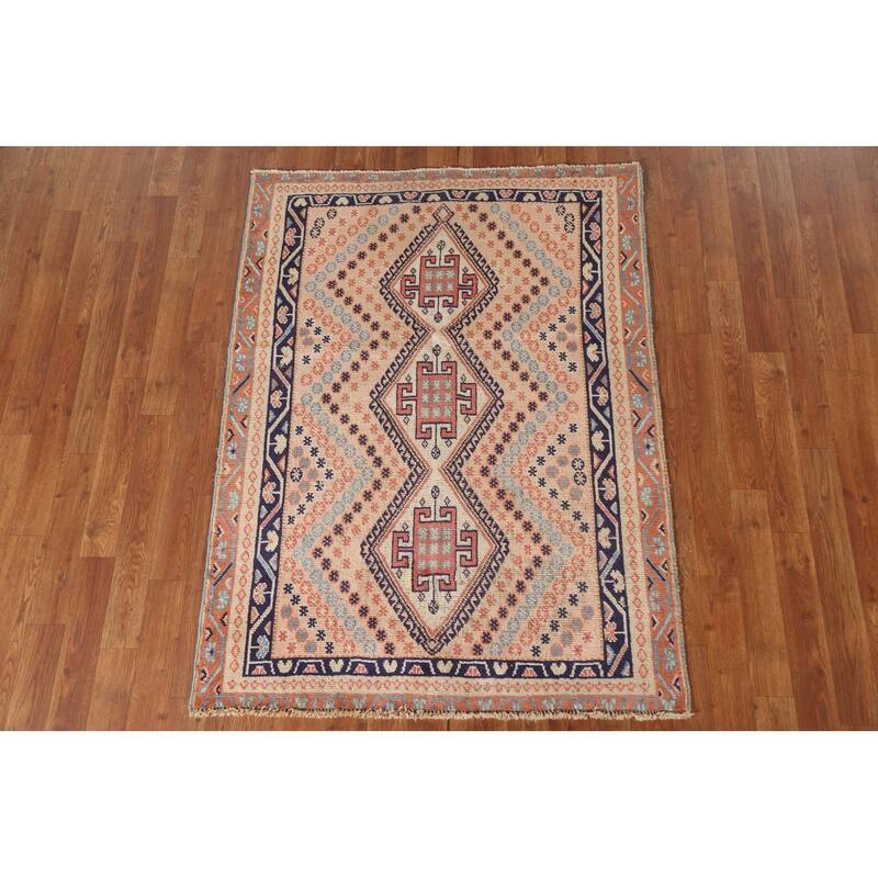 Peach / Pink Shiraz Persian Vintage Area Rug Hand-knotted Wool Carpet - 3'5"x 4'7"