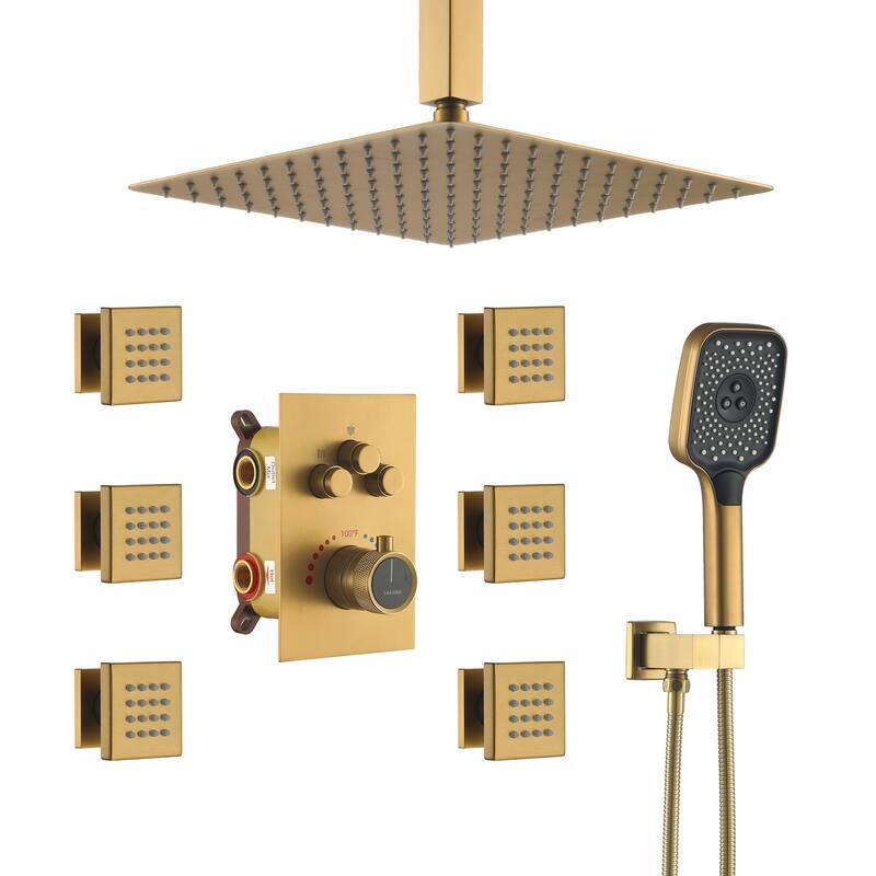 Celling Mount 12 Inch Rainfall Shower Head 3 Function Thermostatic Shower System with 6 Body Jets - Brushed Gold