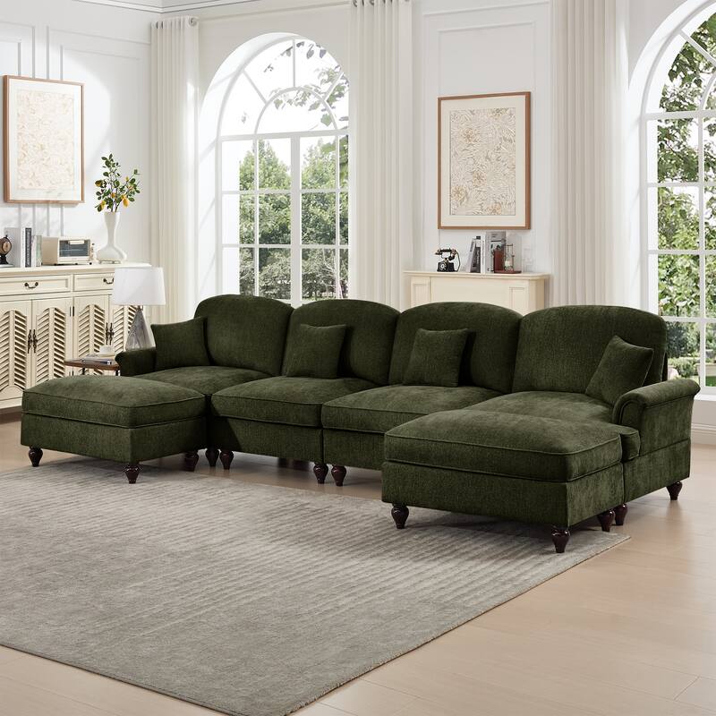 GDFStudio - Classic U-Shaped Chenille 4-Seater 137.8" Sectional Sofa with Ottomans