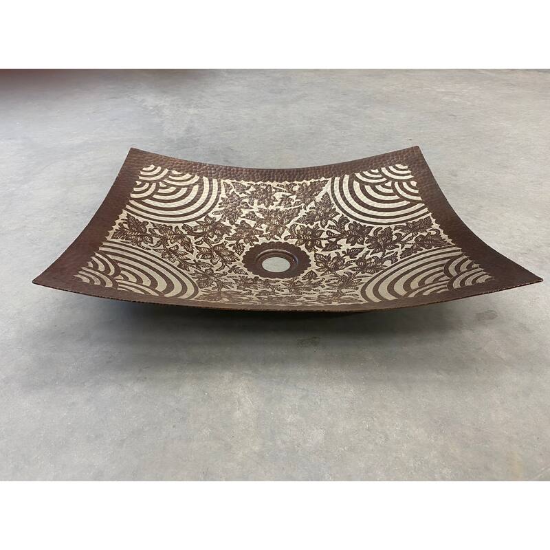 20" Rectangular Copper Vessel Bathroom Sink with Nickel Floral Inlay by SimplyCopper - 20" x 15" x 2.5"