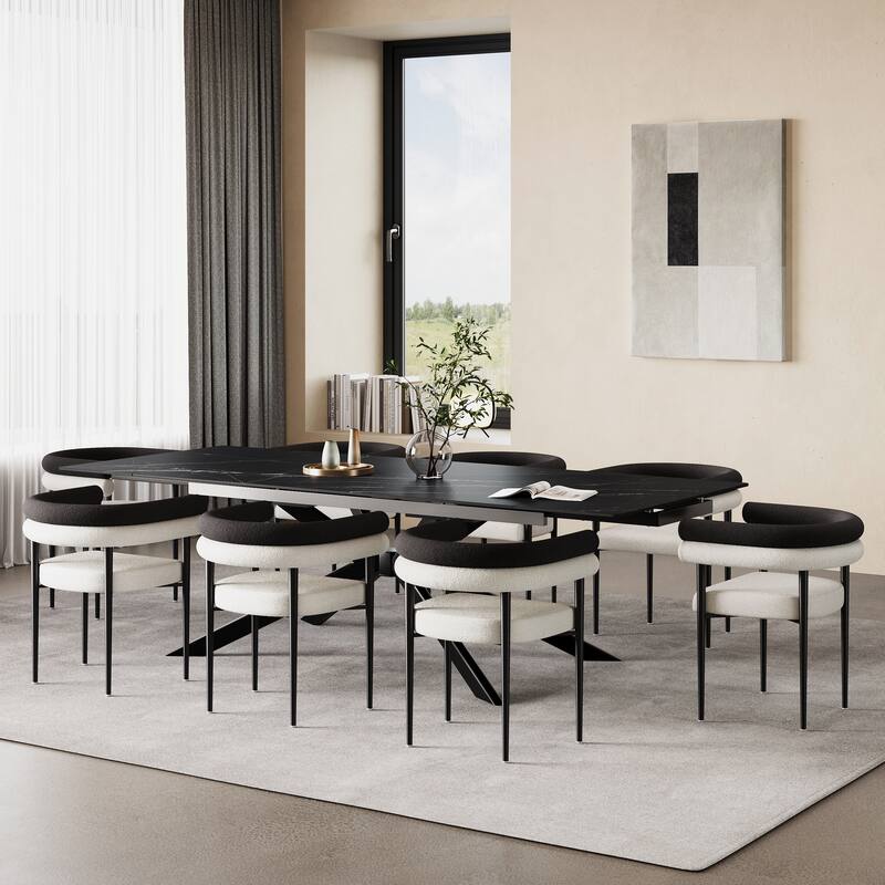 110.24" Extendable Sintered Stone Dining Table With 8 Chairs Dining Table Set