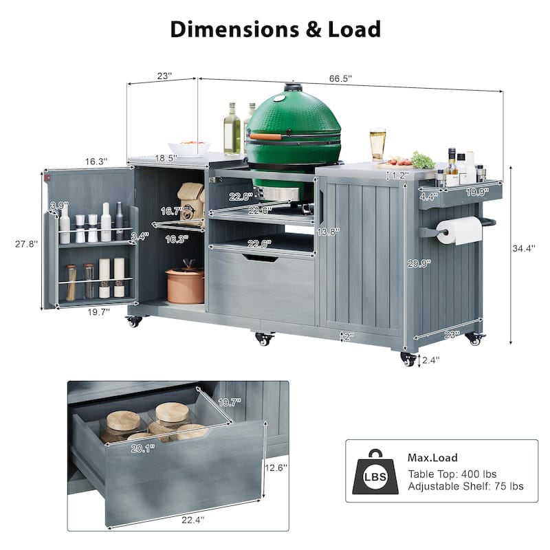 Outdoor Kitchen Island Grill Cart for Big Green Egg Grills with Stainless Steel Top and Storage Racks
