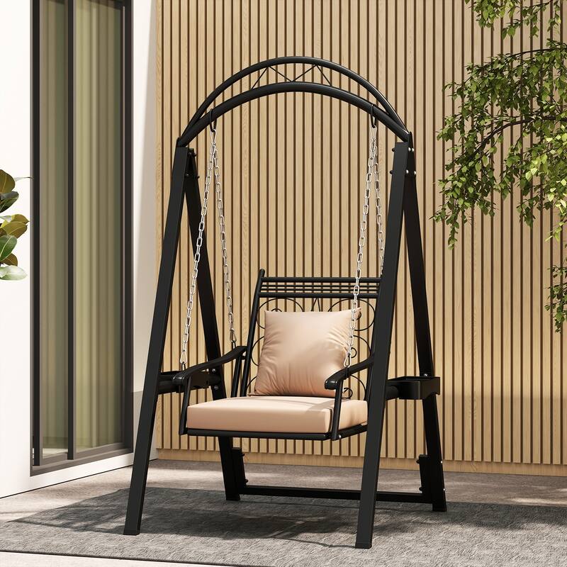 Gymax Outdoor Porch Swing w/Stand Removable Cushions Side Tables for