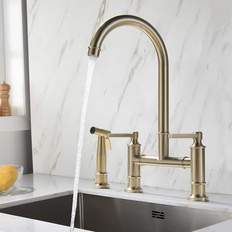 Farmhouse 2-Handle Bridge Gold/Black Kitchen Faucet with 28'' Side Sprayer in Stainless Steel & Brass - Brushed Gold