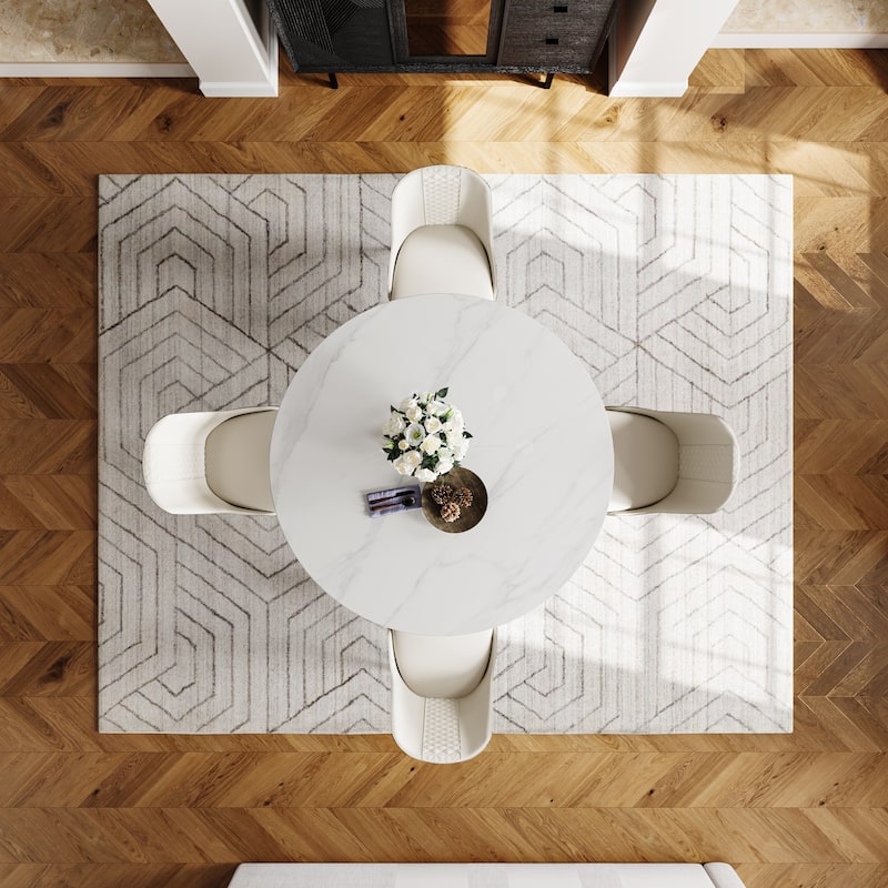 Modern Round White Dining Table, Matte Sintered Stone Tabletop, Solid Black Carbon Steel Base