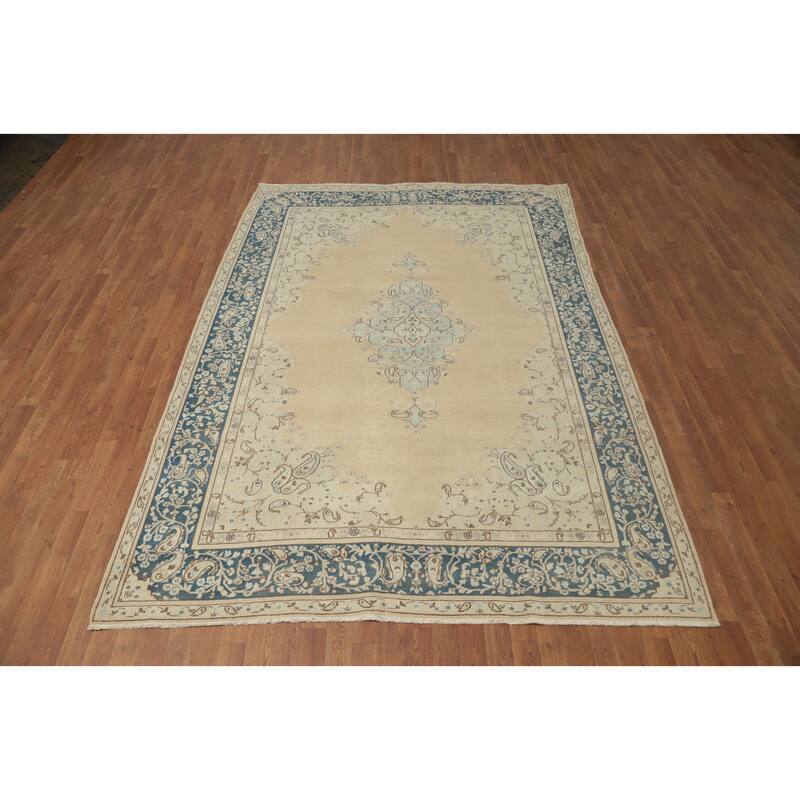 Hand Knotted Oriental 100% Wool Carpet Traditional Floral Beige & Ivories Kerman Area Rug - 9' 10'' X 6' 9''