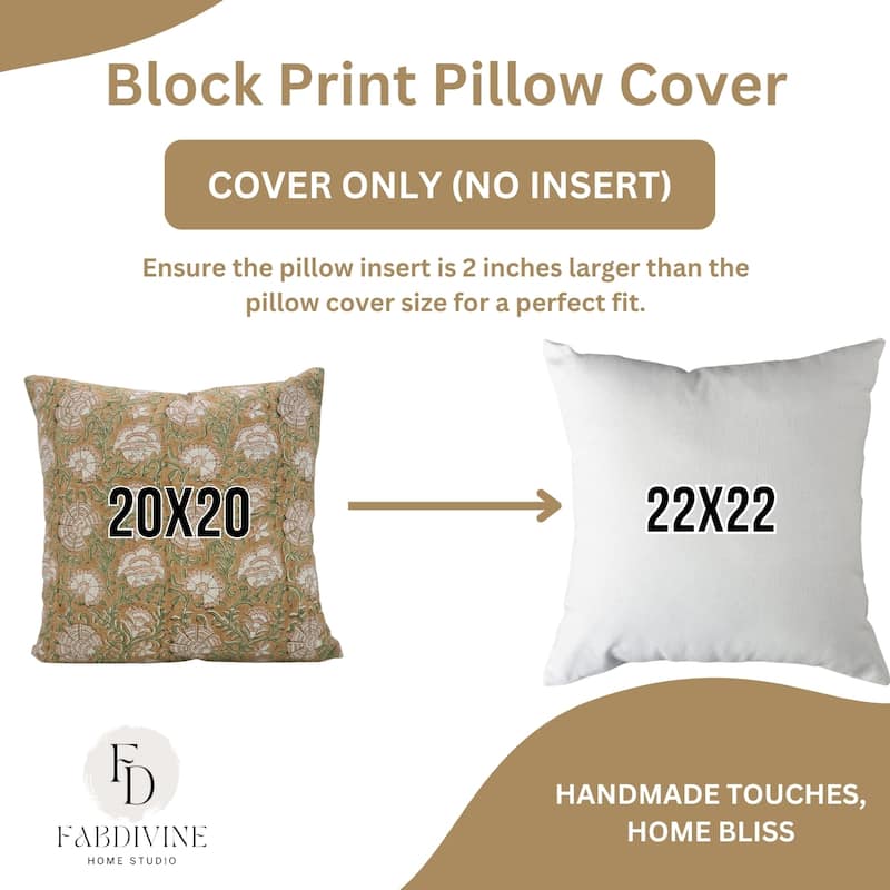 Fabdivine Hand Block Print 24x24 Inch Floral Cushion Case for Farmhouse Soft Linen Boho Home Throw Décor Pillow Cover, Sonakshi