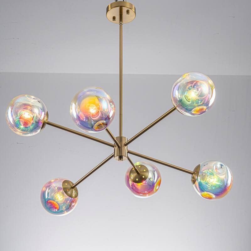 6-Light Mid-Century Modern Iridescent Globe Sputnik Chandelier for Kitchen Island or Dining Room - 6 Light