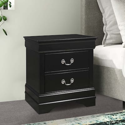 Ryla 24 Inch Nightstand, 2 Drawers, Solid Wood, Metal Drop Handles, Black