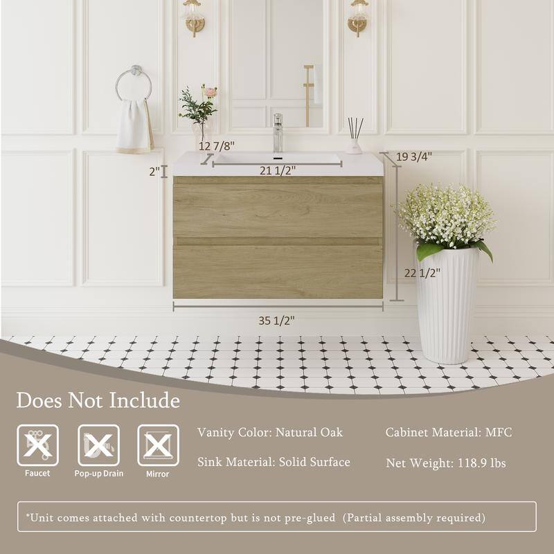 ABRUZZO 36" Floating Single Bathroom Vanity Wall-Mounted with Integrated Resin Top Basin 2 Soft Close Drawers Full Assembly