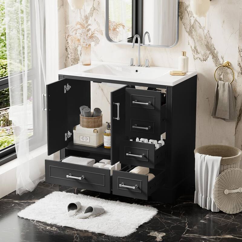 36-inch Traditional Bathroom Vanity with Resin Sink Combo Set, Black Bathroom Cabinet with Two Doors and Four Drawers，Black