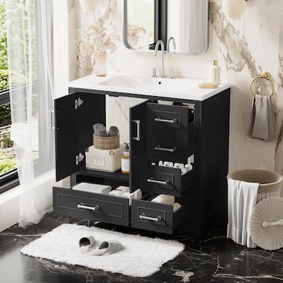 36-inch Traditional Bathroom Vanity with Resin Sink Combo Set, Black Bathroom Cabinet with Two Doors and Four Drawers