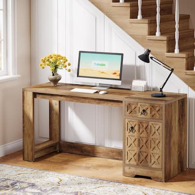 59-Inch Brown MDF Computer Desk with Drawer, Farmhouse Office Desk with Storage Cabinet for Home Office