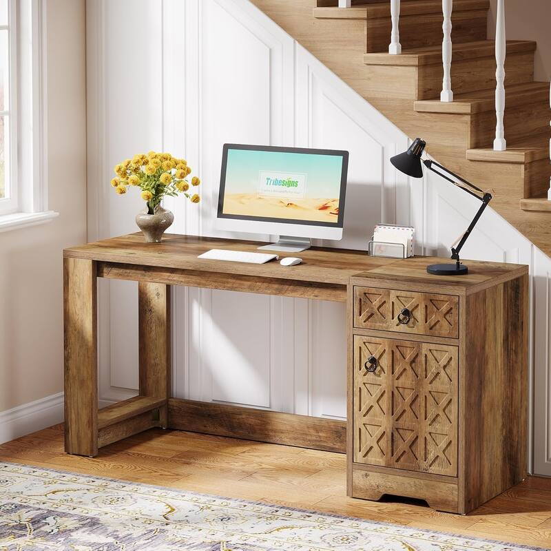59 Inches Brown Engineered Wood Computer Desk with Drawer, Farmhouse Office Desk with Storage Cabinet for Home Office
