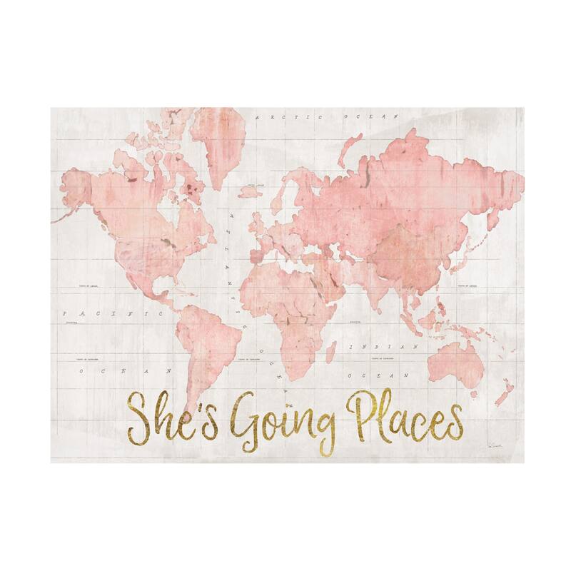 Sue Schlabach 'Across the World Shes Going Places Pink Crop' Canvas Art