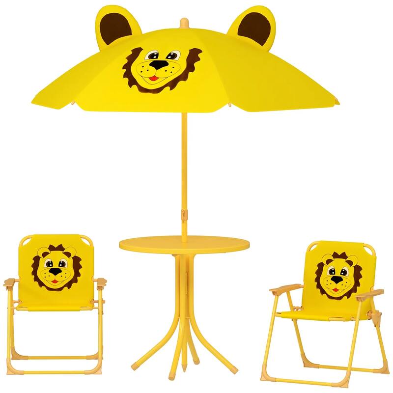 Kids Outdoor Picnic Table and Chair Set with Adjustable Umbrella Lion Pattern Foldable Table and Chairs for Ages 2-5 - D1