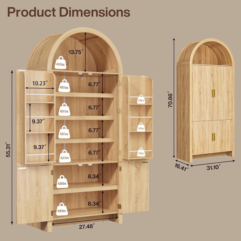 BOSSIN 71" Arched Fluted Door Pantry Cabinet, 9-Shelf Storage Organizer for Kitchen,Bathroom,Natural Wood Finish