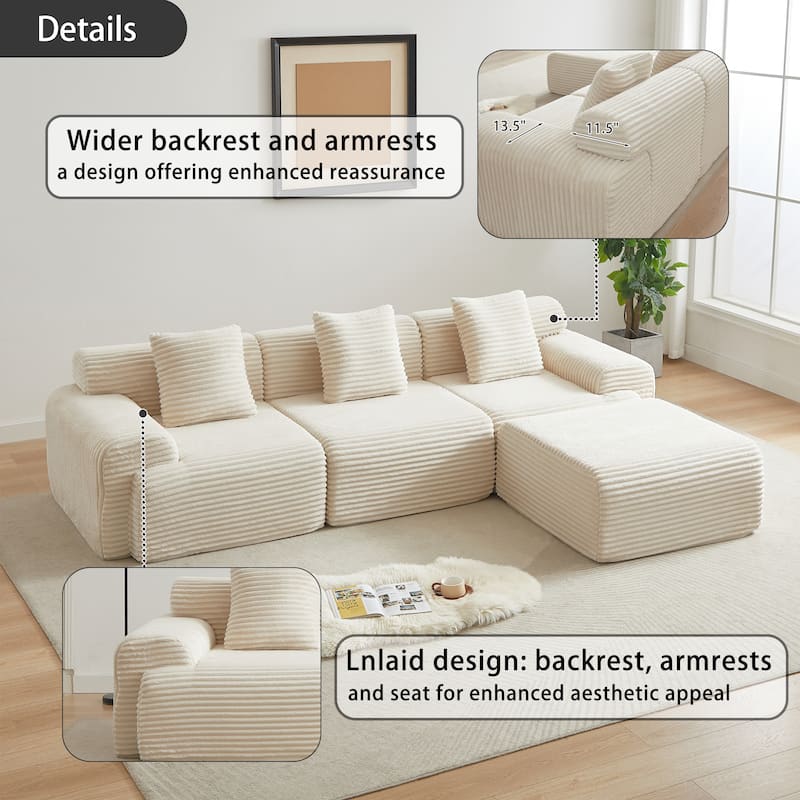 114" Corduroy Modular Sectional Sofa, Boneless Design with 4 Configurable Modules, Wide Backrest & 3 Pillows, No Assembly