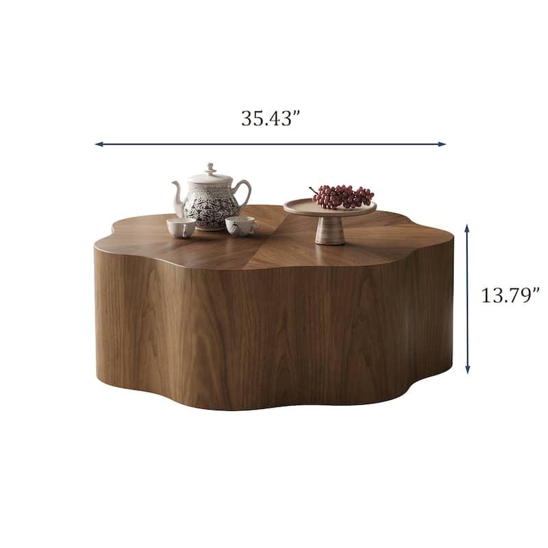 35" Mid Century Flower Shape Coffee Table, Solid Wood Veneer for Living Room, Brown