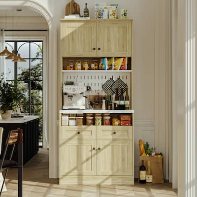 Tall Kitchen Pantry Cabinet Microwave Shelf and Storage Drawers Coffee Bar Cabinet Buffet Hutch Cabinet