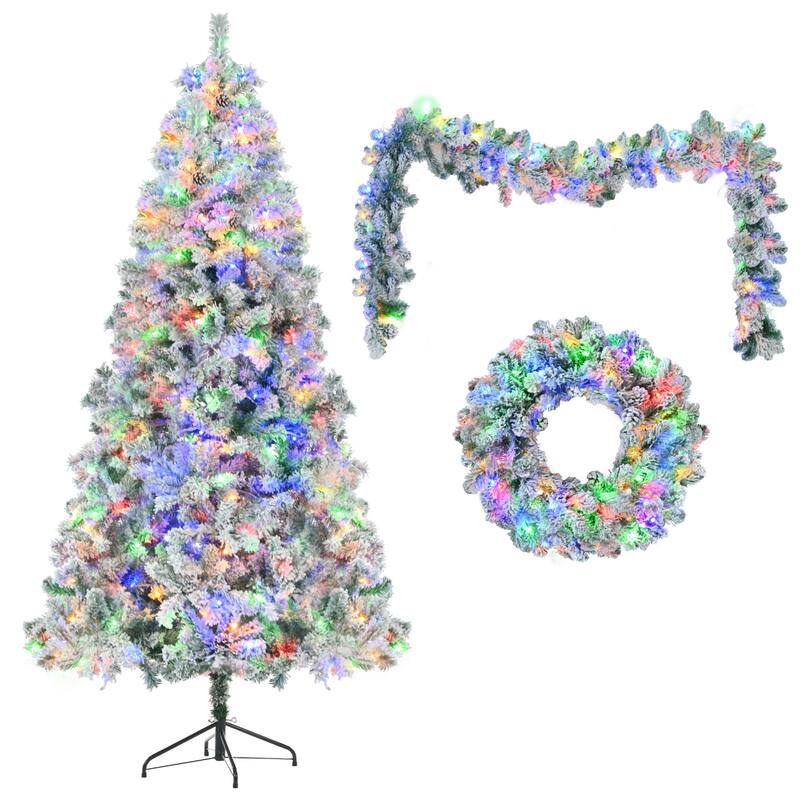 HomeRoots Three Piece Pre Lit Extra Full Frosted Pine Christmas Tree With Garland And Wreath Set