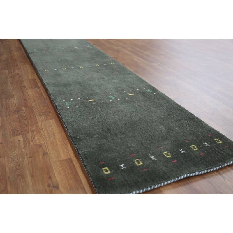 Animals Green Gabbeh Indian Runner Rug Hand-Knotted Wool Carpet - 2'4" x 9'2" - 2'4" x 9'2" - Green