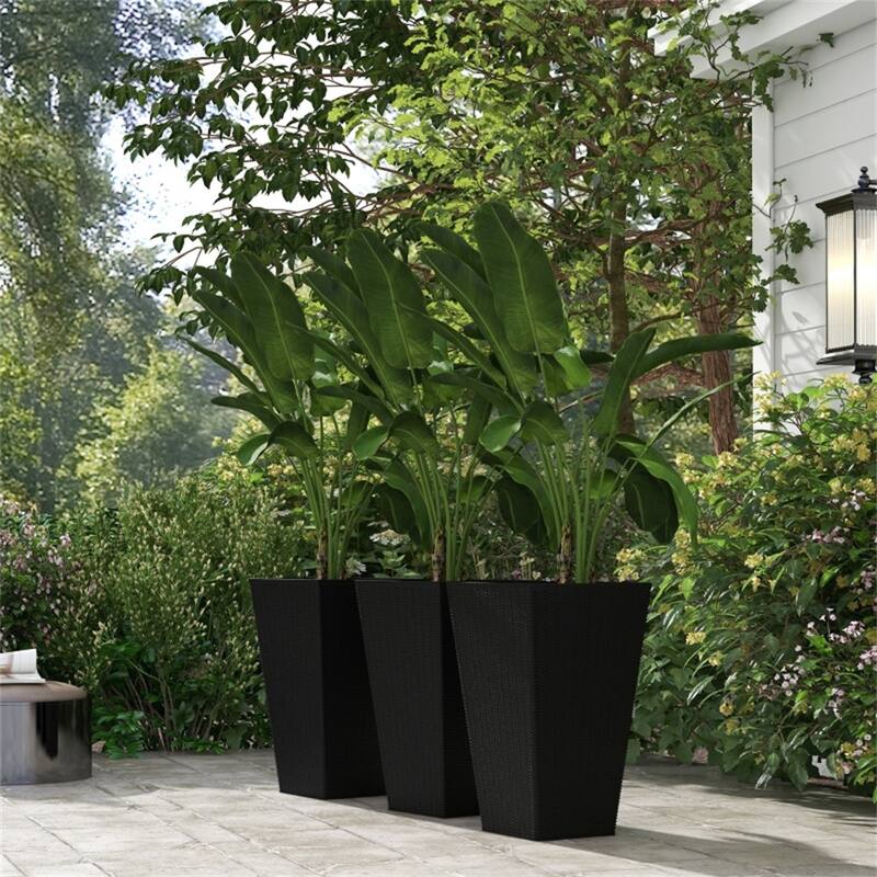 3-Piece Garden Pot Set with Drainage Hole and Rattan Design - 14.25" L x 14.25" W x 24" H - Black