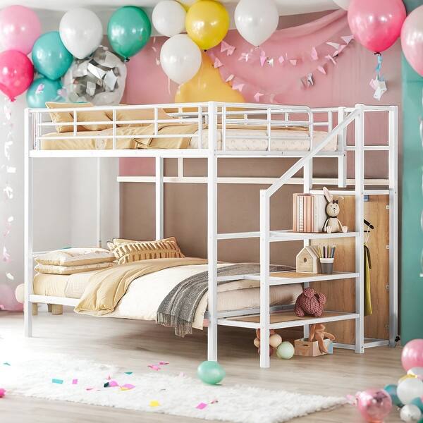 slide 2 of 22, Full over Full Bunk Bed With Lateral Storage Ladder and Wardrobe for Home White