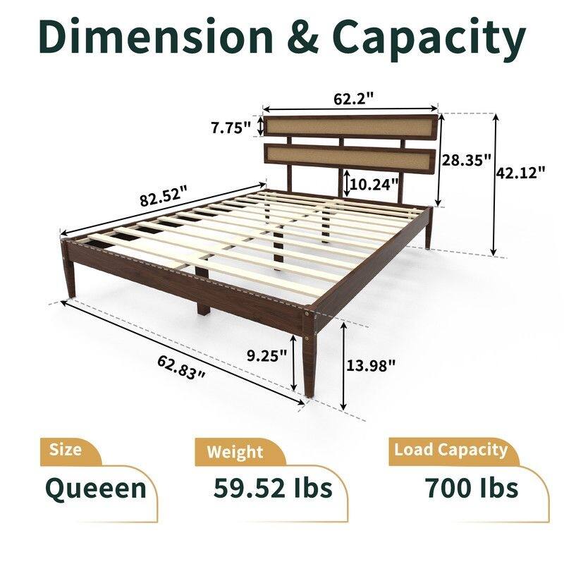 Solid Wood Full Bed Frame Platform Bedframe with Rattan Headboard