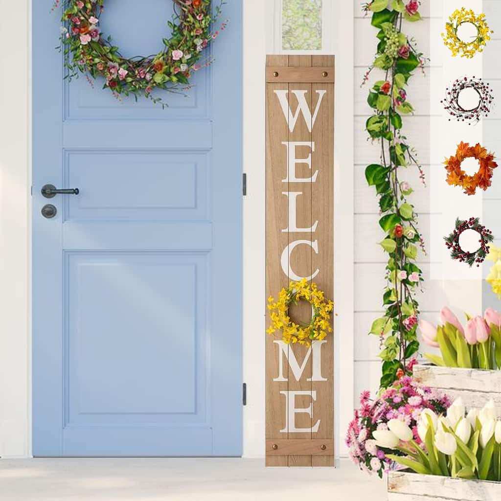 Glitzhome 60"H Wooden Welcome Porch Sign with 4 Floral Wreaths for New Year Decoration