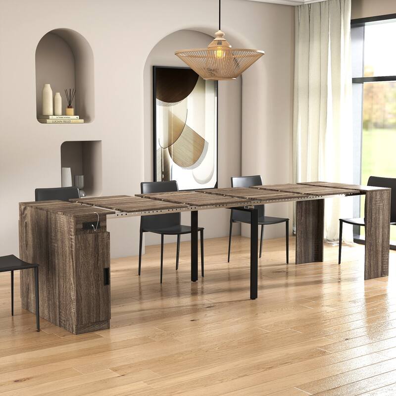 Modern Extendable Dining Table with Outlet & Storage, Space-Saving Expanding Table for Party & Meetings