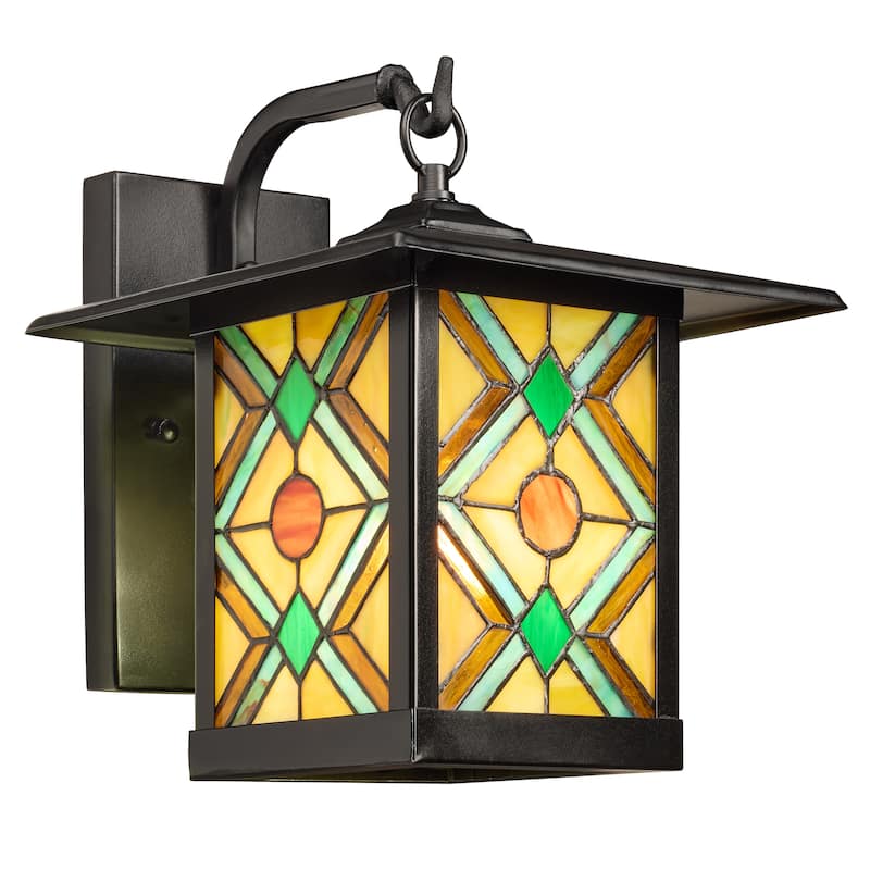 River of Goods Multicolor Stained Glass and Black 1-Light Outdoor Lantern Wall Sconce - 10.75" x 9" x 11.75" - 10.75" x 9" x 11.75" - Green/Yellow/Orange/Brown/Teal/Black