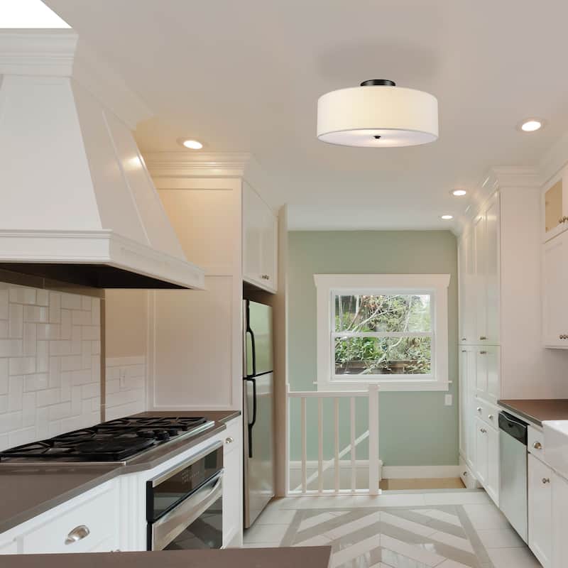 2-Light Dark Bronze Flush Mount Ceiling Light, White Linen Shade - 15.9