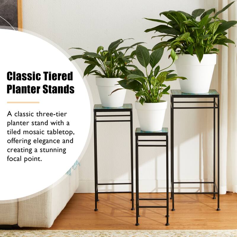 Glitzhome Set of 3 Metal Nesting Planter Stands Square Plant Holder with Green Pattern Ceramic Tiles Table Top