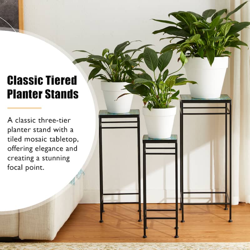 Glitzhome Set of 3 Sqaure Metal Planter Stands Flower Racks with Green Pattern Ceramic Tiles Table Top